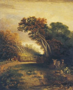 Landscape with Picknickers and Donkeys by a gate
